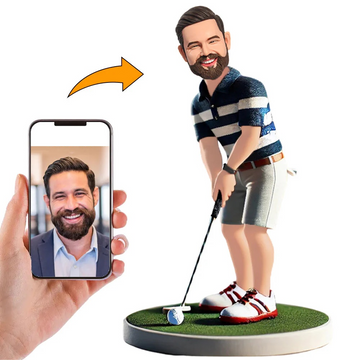 Hombre Jugando al Golf con Camisa a Rayas Figuras Novios Personalizadas con Base Grabado